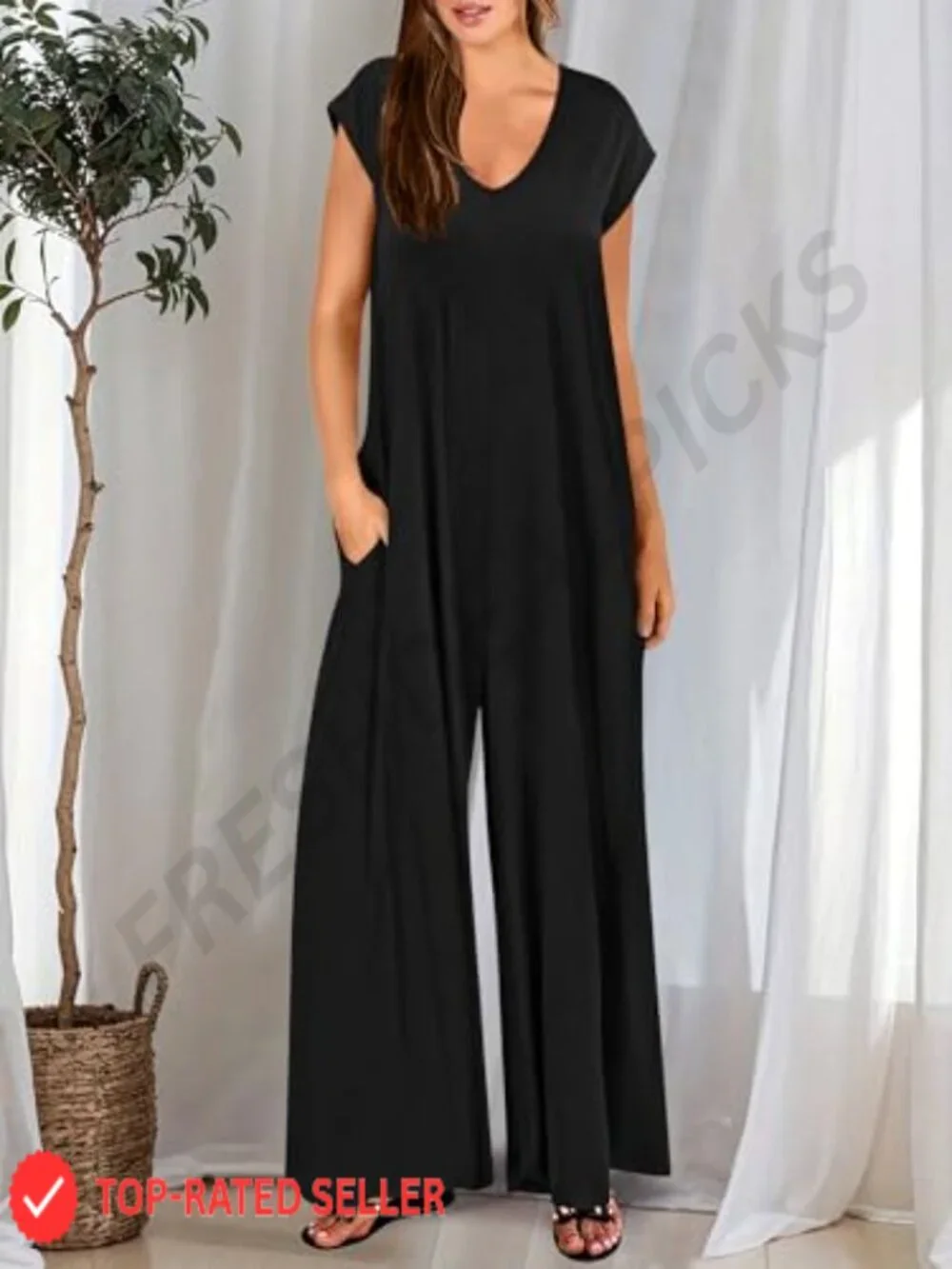 Loose Cap Sleeve Wide Leg Jumpsuit Romper Summer Casual Rayon Blend